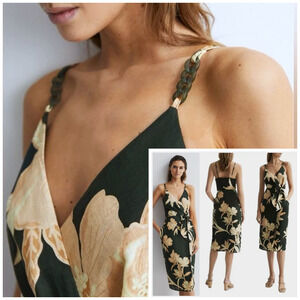 Reiss Alice Fitted Green Floral Linen Chain Strap Midi Dress Size 4 Wrap New